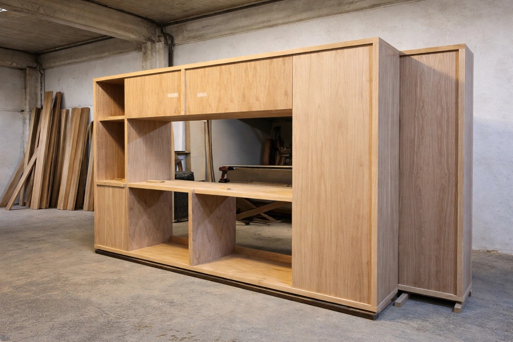 Mueble de madera en construcción en la fábrica de Rumar Casa, con tablones y herramientas de carpintería de fondo