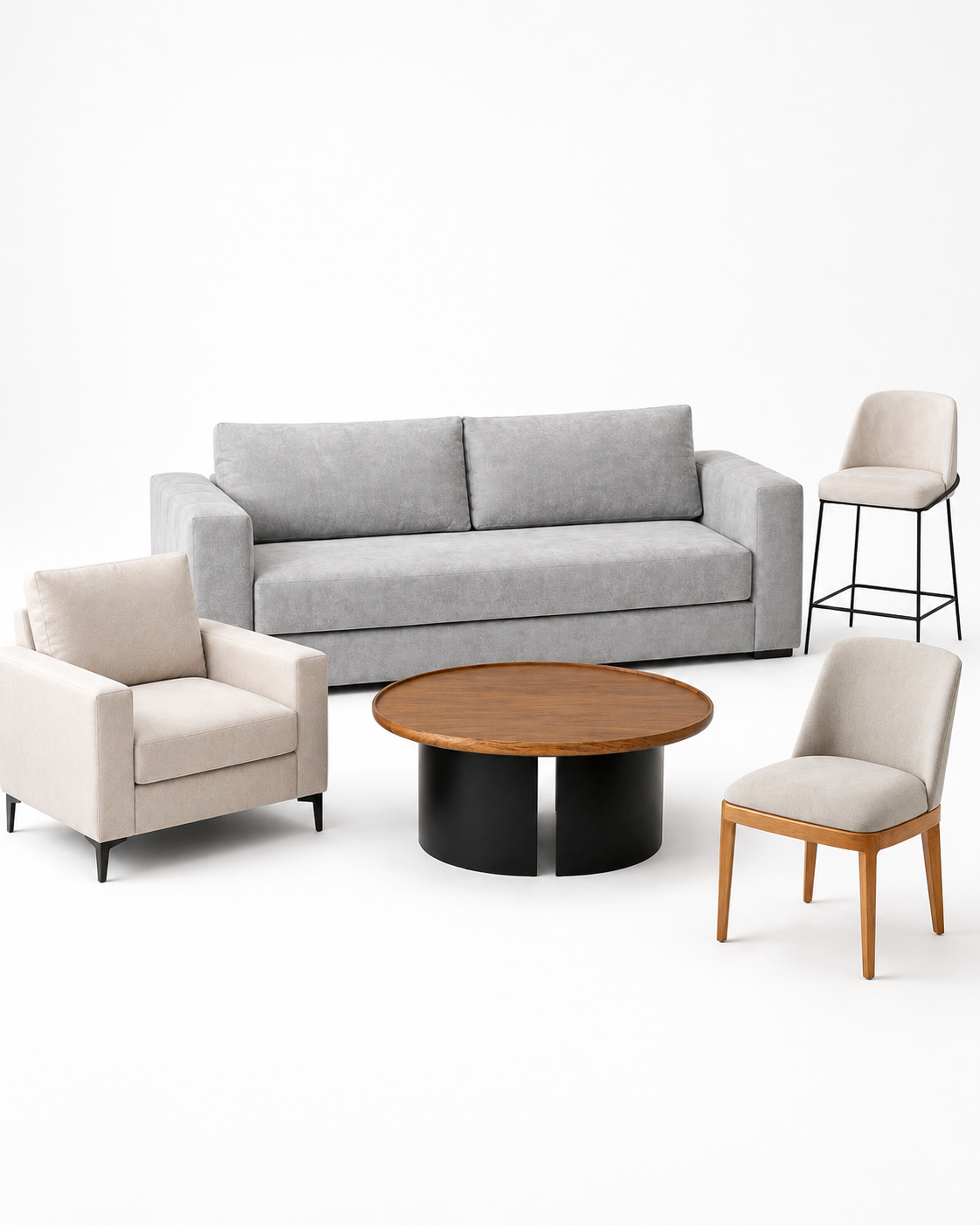 Composición de productos Rumar Casa: sofá de tres cuerpos, sillón individual, silla, banqueta y mesa de centro de madera